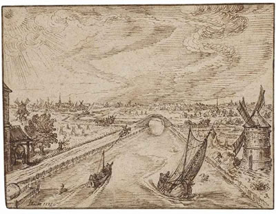 A bird's eye view of a canal with an arched bridge