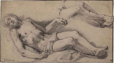 A reclining male nude with a subsidiary study of his legs: Studies for The Lamentation