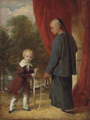 William Henry Ker playing with a hoop, with a Chinese attendant