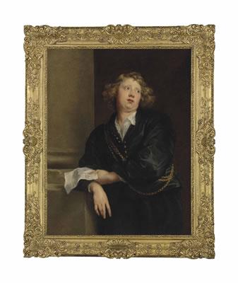 Portrait of Hendrick Liberti (c. 1600-1669), half-length, in black, with three gold chains, holding a sheet of music, by a column