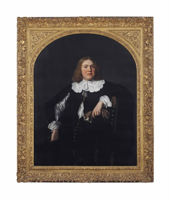 Portrait of a gentleman, three-quarter-length, in a black coat and shirt with lace collar and cuffs, holding gloves in his left hand, leaning against a chair