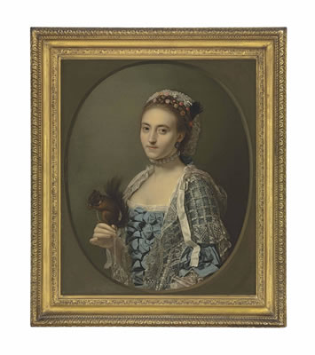 Portrait of Olive Craster (d. 1769), half-length, in a blue dress with ribbons and a lace shawl, with a pearl necklace and flowers in her hair, holding a squirrel, in a feigned oval