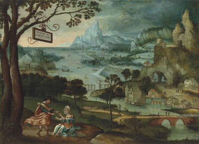 A panoramic river landscape with Judah and Tamar