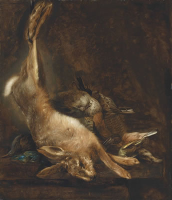 A hare, a teal, a kingfisher and songbirds on a stone ledge