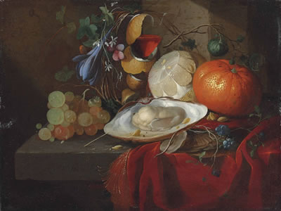 An oyster, grapes, a partly- peeled lemon, an orange and flowers, on a partially draped stone ledge by Elias van den Broeck - Auction record, sale price, and art valuation. Compare with similar artists and explore comparable artworks.