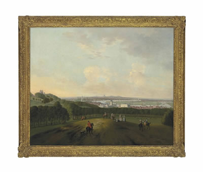 A view of Greenwich, with riders and other figures in the foreground, the Observatory to the left on One Tree Hill, the Thames and London in the distance