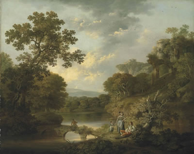 A wooded river landscape with an angler on a bridge and figures resting on the bank, ruins on the hills beyond by George (of Chichester) Smith - Auction record, sale price, and art valuation. Compare with similar artists and explore comparable artworks.