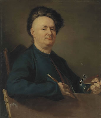 Portrait of Joseph van Aken (1709-1749), half-length, in a blue jacket and a fur hat, holding a palette, his right arm resting on a canvas by Thomas Hudson - Auction record, sale price, and art valuation. Compare with similar artists and explore comparable artworks.