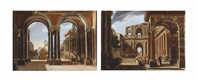 An architectural capriccio with Helena leaving for Troy; and An architectural capriccio with Achilles amongst the daughters of King Lycomedes (2)