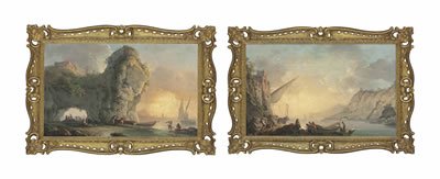 An Italianate landscape, with fishermen on the shore and other figures resting by a natural arch, at sunset; and A rocky Italianate landscape, with figures unloading a ship and others resting on the shore by a villa, at sunrise (2)