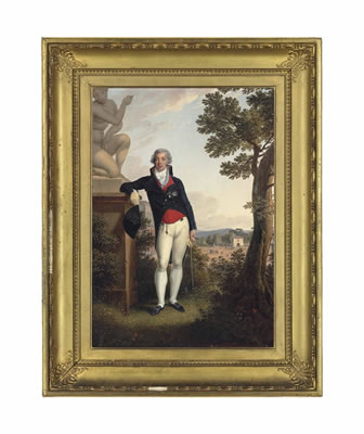 Portrait of Lourenço José Xavier de Lima, 1st Count of Mafra (1767?-1839), small full-length, in a red waistcoat and navy coat, wearing the decorations of the Order of Aviz, leaning against a pedestal with a sculpture of the Crouching Venus, in the campag