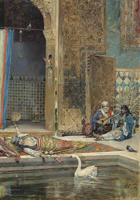 Figures in a courtyard of the Alhambra, Granada