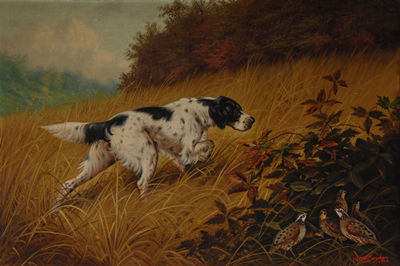 English Setter with Quail by William McKendree Snyder - Auction record, sale price, and art valuation. Compare with similar artists and explore comparable artworks.