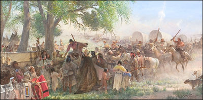 Arrival of the Trade Wagons, Rendezvous-1830 by John Ford Clymer - Auction record, sale price, and art valuation. Compare with similar artists and explore comparable artworks.