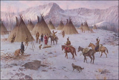 Winter Indian Encampment-Hunters Return