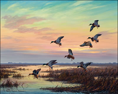 A MARSH AT DUSK, MALLARDS