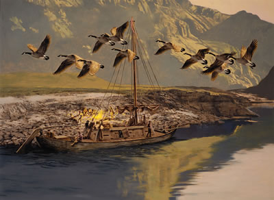 Keel boat and Canadian Geese