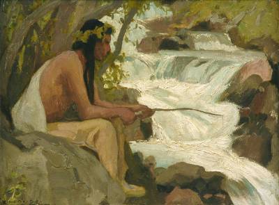Indian Fishing by a Stream
