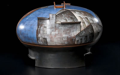 Sample artwork by Lydia Buzio (1948 - 2014), known for abstract cityscape painting on ceramic sculpture - View similar artists and auction records