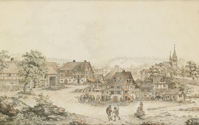 Vorstellung, von dem Dorf Küsnacht am Zürichsee, wie es vor der Überschwemmung war, gegen Abend'