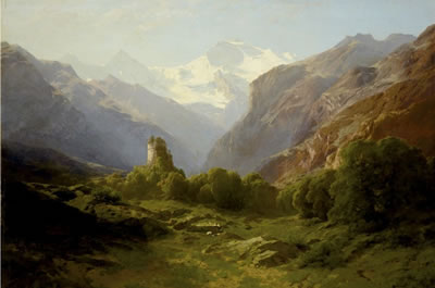 Ruine Unspunnen vor dem Blick auf Eiger, Mönch und Jungfrau