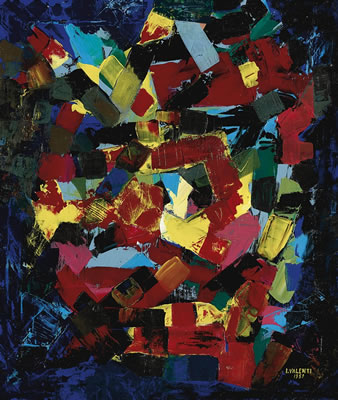 Sample artwork by Italo Valenti (1912 - 1995), known for abstract, non objective, geometric and figural painting, cut  and torn paper collage - View similar artists and auction records