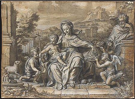 La Sainte Famille avec Saint Jean-Baptiste et des putti apportant des corbeilles de fruits et de fleurs dans un paysage classique