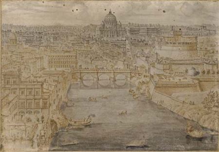 Vue de Rome avec le pont Saint-Ange enjambant le Tibre, la basilique Saint-Pierre au fond et le château Saint-Ange à droite