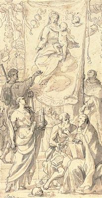 Un moine portant une bannière de la Vierge à l'Enfant, une sainte martyre avec saint Jérôme et saint Antoine assis au premier plan