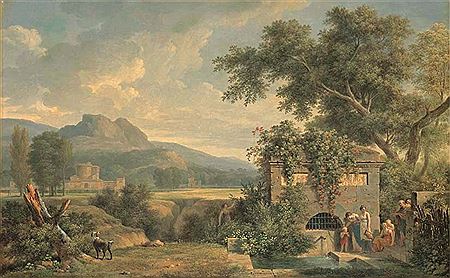 Paysage animé de ruines antiques, avec des personnages s'abreuvant à la fontaine