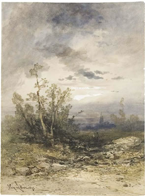 Deux personnages dans un paysage au clair de lune, une église à l'arrière-plan by Gabriel-Hippolyte Lebas - Auction record, sale price, and art valuation. Compare with similar artists and explore comparable artworks.