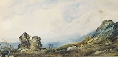 Deux personnages sur la plage à marée basse, les falaises sur la gauche; et Deux personnages marchant dans les rochers; et Vue d'une côte rocheuse (3)