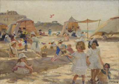 La jeune fille au drapeau sur la Grande plage à Biarritz