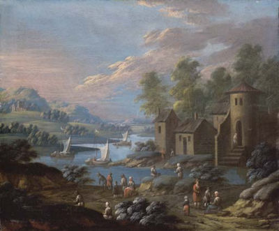 Paysage avec un village au bord d'une rivière
