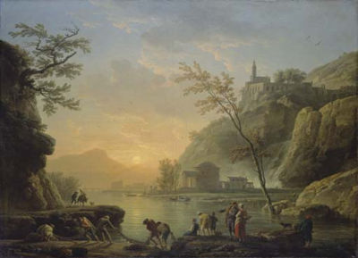 Temple antique au bord d'un rivage au soleil couchant: "Vue des environs de Reggio en Calabre"