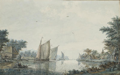 Des voiliers et une barque au bord d'un rivage: vue présumée de Alphen aan den Rijn