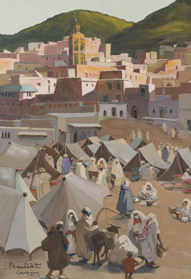Scène de marché à Ouezzan by Elisabeth Dandelot - Auction record, sale price, and art valuation. Compare with similar artists and explore comparable artworks.
