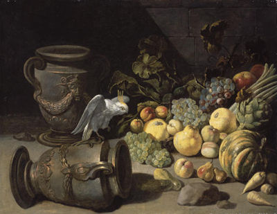 Perroquet, urnes et fruits sur un entablement en pierre