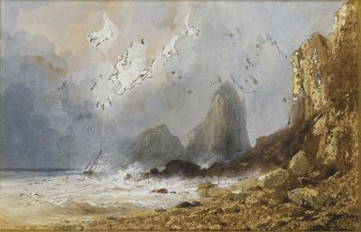 Scène de tempête sur une côte avec des falaises, un bateau à l'horizon by Gabriel-Hippolyte Lebas - Auction record, sale price, and art valuation. Compare with similar artists and explore comparable artworks.