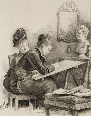 Deux femmes assises dessinant
