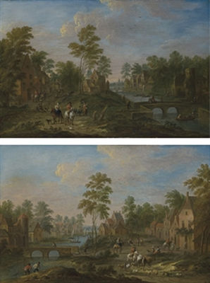 Village fluvial animé de promeneurs, de cavaliers et de pêcheurs sur des barques ; et Village fluvial avec des cavaliers, des promeneurs et des pêcheurs tirant leurs filets