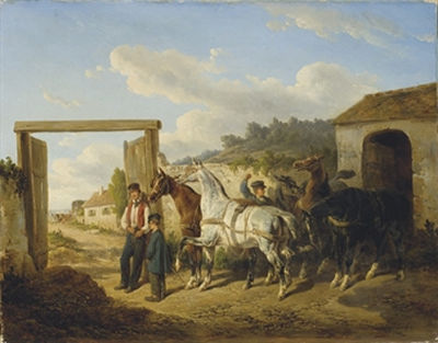 L'attelage des chevaux de poste
