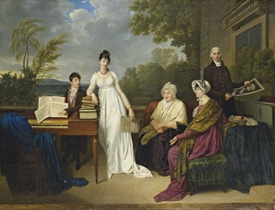 Portrait de la famille de l'artiste posant devant le château de Juilly