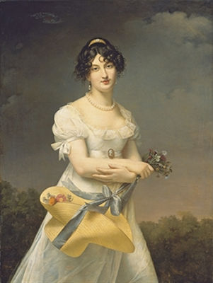 Portrait d'Amélie-Justine Laidin de la Bouterie, née Pontois, tenant un chapeau rempli de fleurs