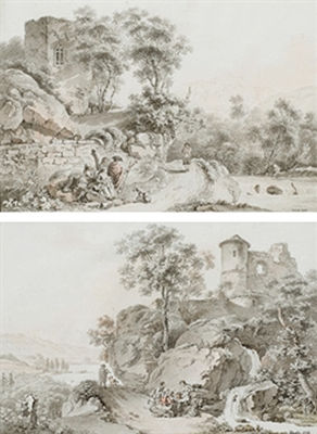 Musiciens sur un chemin dans un paysage rocheux; et Une famille se nourissant au bord d'un chemin, un château en ruines sur un promontoire rocheux à l'arrière-plan (2) by Balthasar Anton Dunker - Auction record, sale price, and art valuation. Compare with similar artists and explore comparable artworks.