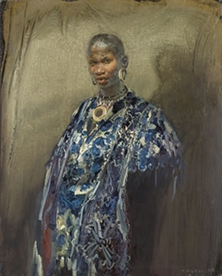 Portrait à la robe imprimée bleue