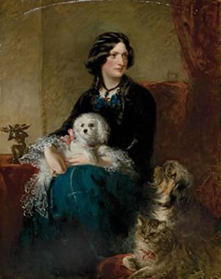 Portrait de Lady Alfred Paget aves son chien maltais sur les genoux