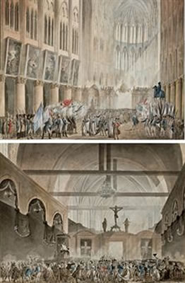 Bénédiction des drapeaux à Notre-Dame ; et Monsieur et Madame de La Fayette faisant la quête pour le soulagement des veuves des citoyens, dans l'église du Sépulcre à Paris (2)