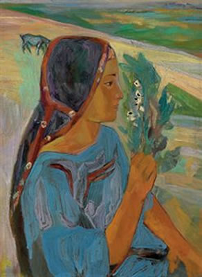 Jeune fille portant des fèves en fleurs