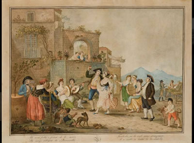 Couple de danseurs de tarentelle entourés de musiciens dans la baie de Naples; et Cortège festif avec des musiciens dans une calèche (2)